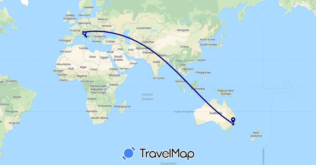 TravelMap itinerary: driving in Australia, Italy (Europe, Oceania)